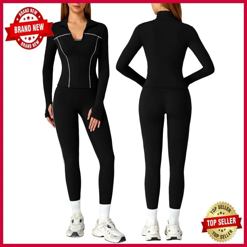 3 Piece Workout Set Sports Bra Tank Zip Jacket High Waist Leggings Gym Outfit